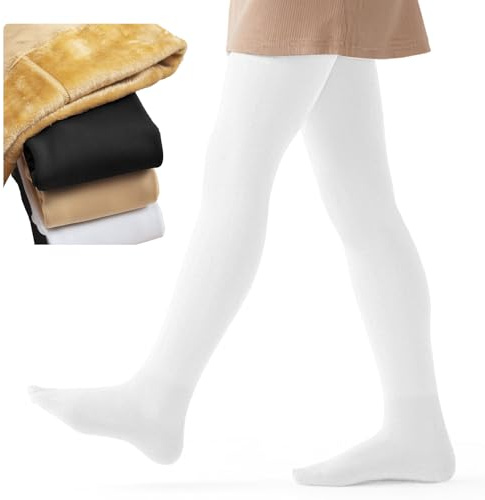 Domueay Collants épais pour filles, Thermiques d'hiver Opaque Collant eavec pieds n polaire Décontractés Chauds Extensibles Leggings pour Performance danse école ballet, 6-8 ans, Blanc