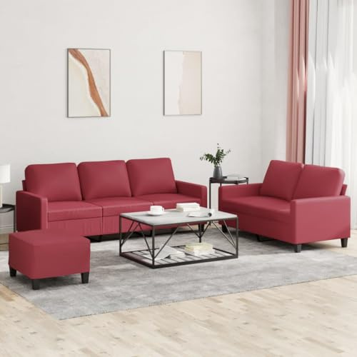 KTHLBRH Sofa-Set mit Kissen, 3-teilig, Kunstleder, Rot, Sofa, robust, stabile und stabile Struktur, bequemer Sitz mit Polsterung