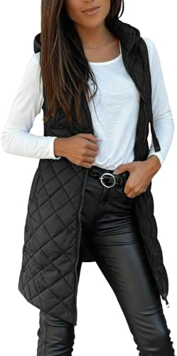 OVARA Quilted Gilets for Women Thermal Long Padded Vest Ladies Body Warmer Lightweight Puffer Gilets with Hood Full Zip Winter Longline Sleeveless Down Jackets
