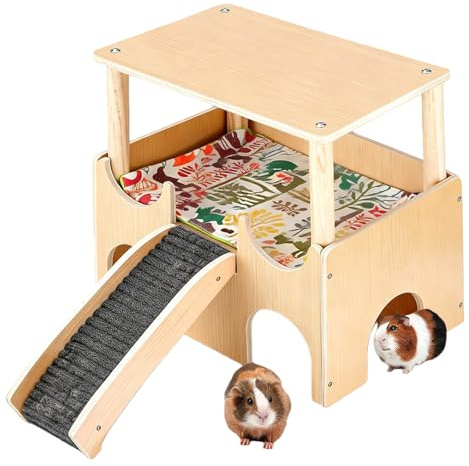 Cachette pour cochon d'Inde à plusieurs étages - Lit en bois avec escalier et tapis - Maison en bois pour hamster - Maison amovible à plusieurs chambres - Pour lapin, chinchilla Habitat (jaune)