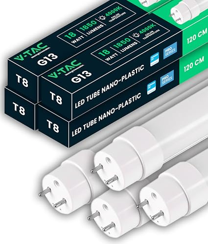 V-TAC 4x Tubes LED 120 CM - T8 G13-18W -1 850 Lumens - Chip Samsung - Tubes LED pour Plafond, Mur, Garage, Magasin - Tube forme T8 - Remplacement des Néons - Lumière Blanc Neutre 4000K