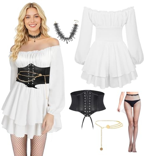 LXWINNER Disfraz de Piratas Mujer, Vestido Blanco Pirata con Corset, Cadenas de Cintura, Collares y Medias, Costume Victoriano Renacentista Medievales para Carnaval Halloween Cosplay (S)