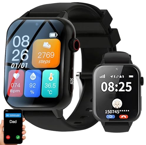SUNBGRPYE Montre Connectée pour Seniors – Géolocalisation GPS + Zone De Sécurité, Détection des Chutes + Appel d'urgence SOS, Rappel De Prise De Médicaments | Appels Vidéo HD | Longue Autonomie Black