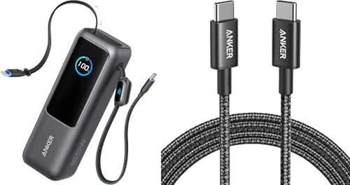 Anker Laptop Power Bank and USB C Charger Cable (6ft/1.8m Nylon 100W), 25,000mAh Portable Charger with Triple 100W USB-C Ports, Built-in Retractable Cables, Flight-Approved for Travel, iPhone 17/16