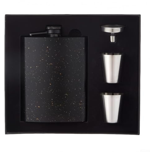 Flasque en acier inoxydable avec couvercle à charnière pour un transport sécurisé du whisky, du rhum, de l'alcool avec entonnoir et deux petites tasses de service