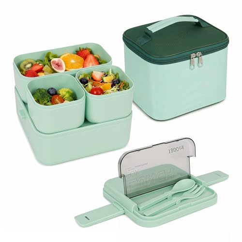 Lunch Box, 1800ML Bento Lunch Box with Insulated Bag & Cutlery(Green) | 2 Layer Leak Proof Bentos Box, Lunch Boxes with 3 Compartments for Adults Students Office Microwave Dishwasher Safe Available