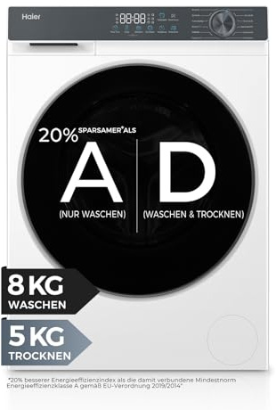 Haier Waschtrockner 8/5kg G3 Serie HWD80-BP14637T | Trocknen), A -20% (Waschen), 1.400 U/Min., Leiser Inverter-Motor, Automatik- und Expressprogramm, Aquastop
