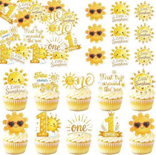 63 Stück Essbare Sonne Thema One Cupcake Toppers Waffel Papier Little Sunshine Tortendeko Essbar First Trip Around The Sun für Erster Geburtstag Party Kuchen Dekorationen