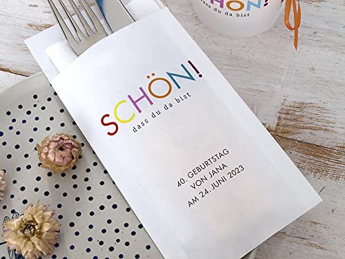 10 Stück personalisierbare Bestecktaschen SCHÖN! dass du da bist Tischdeko bunt