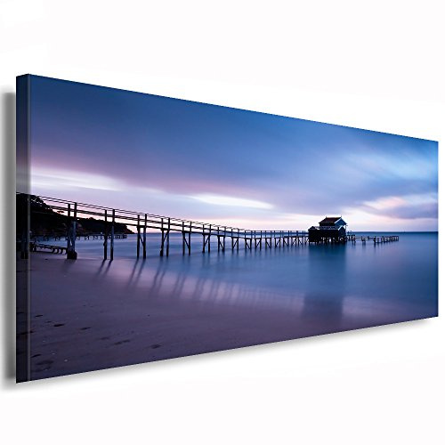Julia-Art Leinwandbilder - Steg Sonne Meer Strand Panorama - 80 mal 30 cm Leinwand auf Rahmen - sofort aufhängbar Wandbild XXL - Kunstdrucke QN161-2