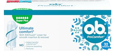 o.b. ProComfort Super Plus, confezione da 32 tamponi, facili da applicare e rimuovere il tampone, per sanguinamento molto intenso, interno in 100% materiali vegetali