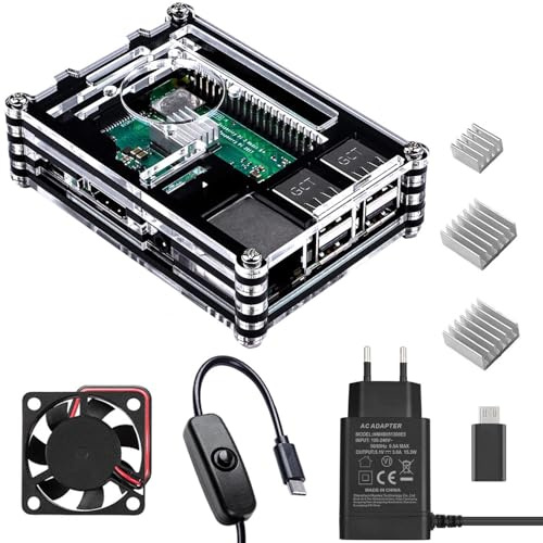 Smraza Für Raspberry Pi 3 B+ Gehäuse + 5V 2.5A Netzteil mit EIN/AUS Schalter + Lüfter + 3X Aluminium Kühlkörper Kompatibel mit Raspberry Pi 3 2 Modell B+