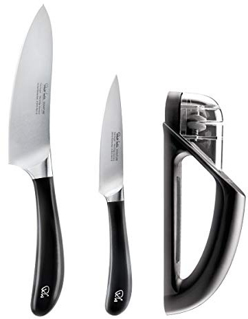 Robert Welch Signature Kitchen Knife Set with Hand-held Sharpener. Multi Award Winning Design – Vegetable 10cm, Cook's 14cm, Hand-held Sharpener.