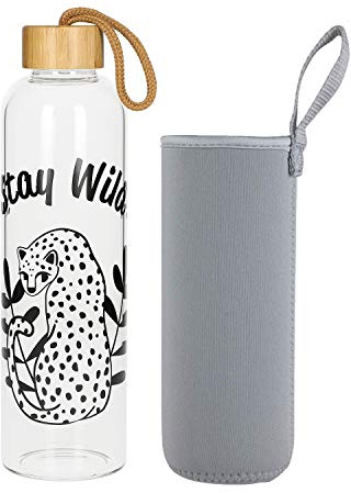 Glasflasche 1 Liter Bamboo Trinkflasche Borosilikatglas mit Neoprentasche zum Mitnehmen von kalt & heiß Getränken BPA-frei für unterwegs Sportflasche Glas Wasserflasche(Staywild)