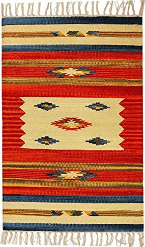 SpazioTessile - Tappeto Salotto, Cucina, Camera da Letto, Soggiorno, Ingresso Interno 100% Cotone Kilim, Stuoia Etnica Indiana Pelo Corto e Frange, Lavabile in Lavatrice - 70x140cm, Disegno B