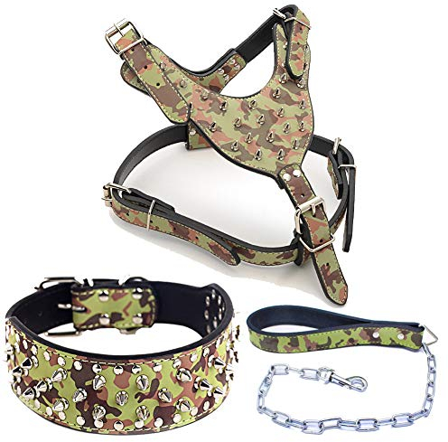 Etopar 3 Stück Set Hundegeschirr mit Nieten, Hundehalsband, Hundekette, Spazierengehen, Training, verstellbares Haustiergeschirr, Halsband, Kette, Leine, Pitbull, Labrador