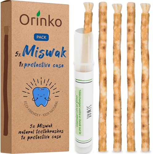 ORINKO® Siwak Naturale x5 con Custodia - Spazzolino Ecologico per Denti - Miswak Africano per Pulizia, Sbiancamento e Igiene Orale - Bastoncini di Araak come Alternativa Sostenibile