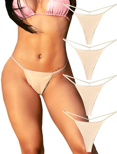 KUKU PANDA Cotton G String Thongs for Women T Back Gstring Underwear Seamless Panties Low Cut Comfortable Tangas Sexy Stringsthongs 4 Pack Set (Beige, X-Small)