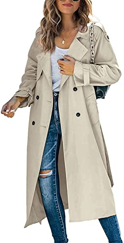 Loalirando Women Casual Long Trench Windproof Coat with Belt Solid Colour Double-Breasted Lapel Collar Windbreaker Jacket Spring Autumn Coat S-2XL (Khaki, L)