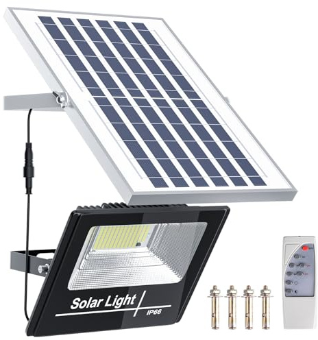 MIWATT Luci solari all'aperto con telecomando, sensore dal tramonto all'alba IP66 impermeabile, luci di inondazione LED equivalenti a 20W 220V per giardino balcone garage