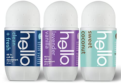Hello Roll On Deodorant Variety Pack (Lavender, Coconut, Clean & Fresh), Aluminum Free for Women + Men, 48 Hour Non-Sticky Formula, Travel Size, 3 Pack, 1.69 oz Tubes