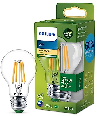 Philips LED Classic ultraeffiziente E27 Lampe (40 W), LED Lampe mit warmweißem Licht, energiesparende Lampe mit langer Nutzlebensdauer, Energieeffizienzklasse A, Klar