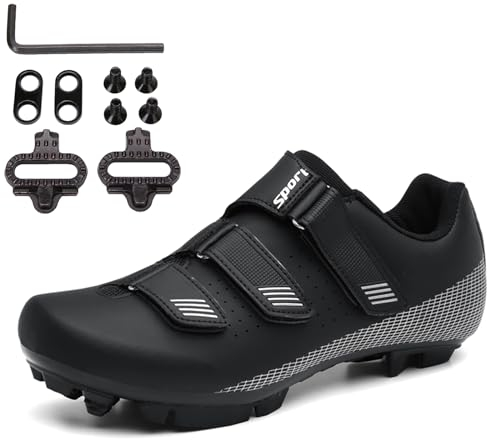 PENXZT MTB Schuhe Herren Fahrradschuhe Mountainbike Schuhe kompatibel mit SPD 2 Schrauben mit Cleats Outdoor-Radschuhe Fahrrad Indoor Schuhe,Schwarz,43 EU