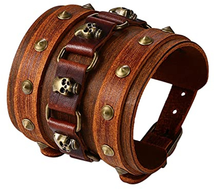 Flongo Bracelet de Force Homme Cuir Large,Bracelet Manchette Style Punk Gothique Rock avec Rivet et Bouton,Bracelet Tête de Mort Motard Biker,Cadeau Homme,Brun