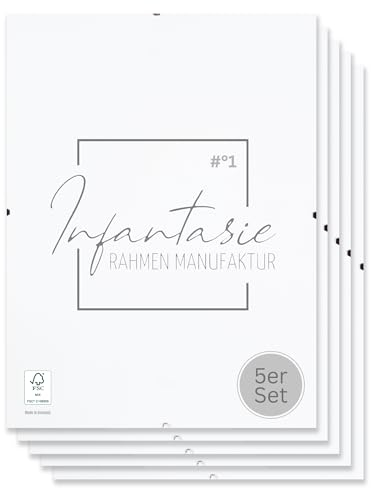 Infantasie 'N°1' Rahmenloser Bilderrahmen Cliprahmen 5 Stk. 42x59,4 cm (DIN A2) | Moderner Bildhalter für stilvolle Gallerie Präsentationen mit weiß laminierter MDF-Holz Rückwand und Acrylglasscheibe