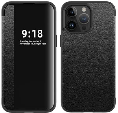 ZORSOME Schutzhülle für iPhone 15 Pro Max, Smart Clear View, ultradünn, Leder, Flip Schutzhülle für iPhone 15 Pro Max, Schwarz