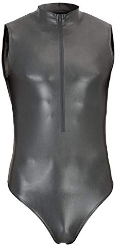 ML-Sport24 Wetlook Herren Stringbody mit Kragen Frontreißverschluss ohne Ärmel 80% Polyamid 20% Elasthan, glänzend, stretch