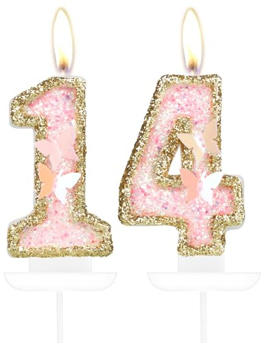 Schmetterling 14. Geburtstag Zahl Kerzen, Rosa Gold 14 Kerzen Cupcake Topper für Kuchen, Mädchen 14. Geburtstag Kuchen Dekorationen,Rosa Gold Schmetterling 14 Nummer Kerzen für Mädchen