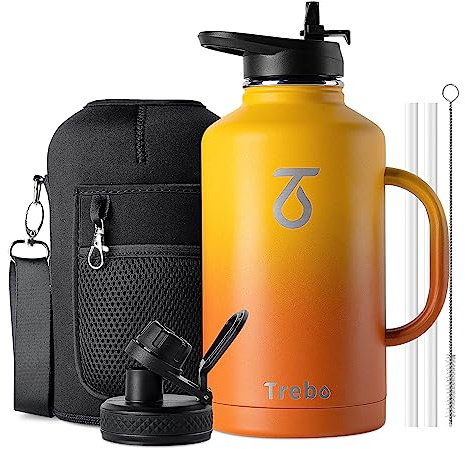 Trebo Insulated Water Bottle 2L, Stainless Steel Water Bottle 2L Metal Bottle 2L with Handle Metal Large Jug Travel Flask with Straw Spout Lid Mug Tumbler Cup with Carry Pouch Keep Cold Hot, Orange