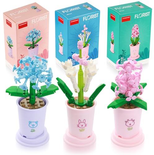 FIHODONE 3-teiliges Blumenstrauß-Set aus Bausteinen, Blumen- und Pflanzenbau für Erwachsene, Mini-Blumenstrauß Baustein, Bauklötze für Erwachsene und Kinder, zum Basteln