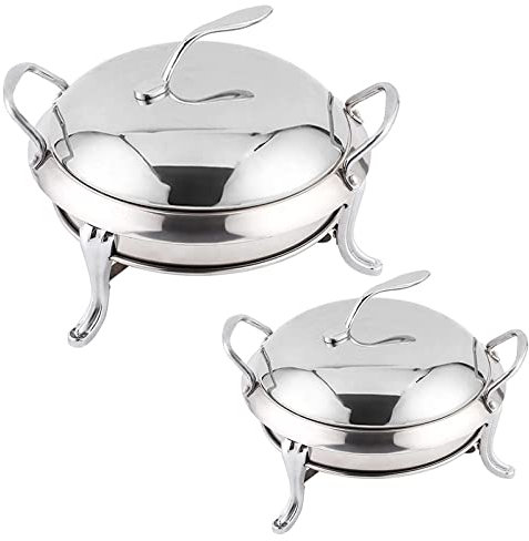 RSBFER Chafing Dish Set of 2 Pcs Stainless Steel Round Buffet Servers Warmers with Food Pan, Fuel Holder and Lid for Restaurant Parties Weddings,Silver,18cm