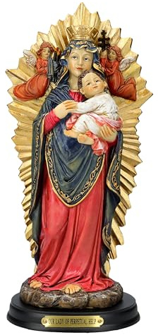 Figuren Shop GmbH Madonna dell'aiuto eterno, statuetta – 21 cm, dipinta a mano, in resina, con alone e angeli, statua di Nostra Signora, FS26860