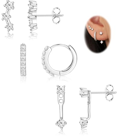Morfetto 3paar Ohrringe Silber 925 Set für Damen Ohrstecker Creolen Silber 925 Hypoallergen Ohrringe Klein Piercing Ohr Gold Ohrstecker Creolen Helix Piercing Set CZ