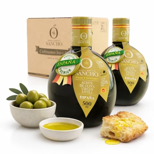 Aceite de oliva virgen extra picual filtrado pack 2 x 500 ml botella de vidrio | aove gourmet aromático extraído en frío | aceite premium español para regalo | sancho la mancha, dop campo de montiel. | Origen Único DOP Campo de Montiel Extraído en Frío Perfil Intenso Ideal para Cestas de Regalo Premium y Degustación Selecta