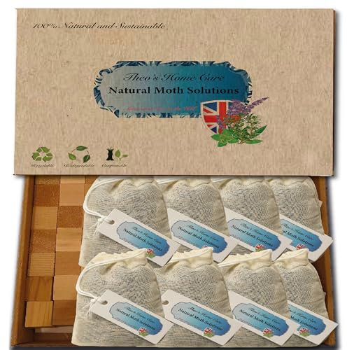 Theo's Home Care Natural Moth Repellent Sachets with Cedar Cubes, 8 Muslin Bags with Lavender, Eucalyptus and Bay Leaf