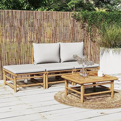 KATERYY 4-TLG. Garten-Lounge-Set mit Hellgrauen Kissen Bambus,GartenLoungeSet aus Bambus: Komfortabel und stilvoll für deinen Außenbereich