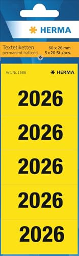 HERMA 1686 Jahreszahlen Aufkleber 2026 für Ordner, 100 Stück, 60 x 26 mm, 5 pro Bogen, selbstklebend, blickdichte Textetiketten, matt, Papier Klebeetiketten Aufkleber, gelb