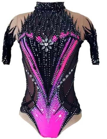 Kmarouse Mädchen-Trikot for Rhythmische Gymnastik, Hochelastisch, Handgefertigt, Mit Strasssteinen, for Den Wettkampf(XXXS)