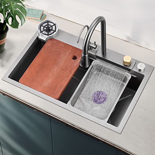 TMKDNNKG Küchenspüle, 18 Gauge-Edelstahl-Bar-Theken-Kontrollspüle, Top-Mount-Einbauspüle, Nano-Arbeitsplatzspüle mit Zubehör (Farbe: Grigio, Größe: 68 x 46 x 22 cm)
