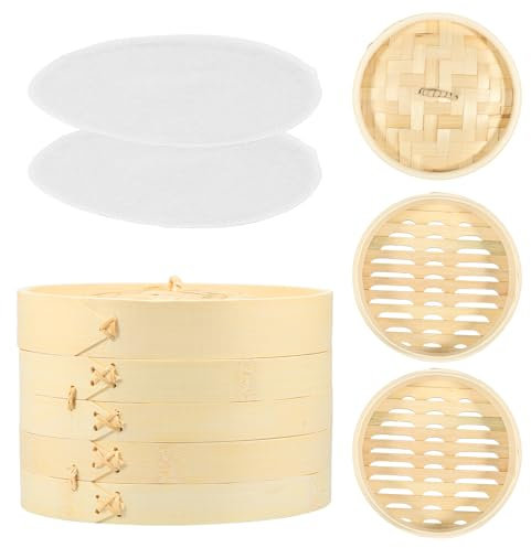 Guniata Bamboo Steamer Basket 2 Layer Steaming Basket with Lid and Steaming Cloth Reusable Dumpling Steamer 2 Sizes Bamboo Steaming Basket Practical Bamboo Steamer for Veggie Fish Seafood Cooking