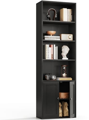 Coleshome Bücherregal mit Türen, Standregal 6 Ebenen 176cm Schwarz