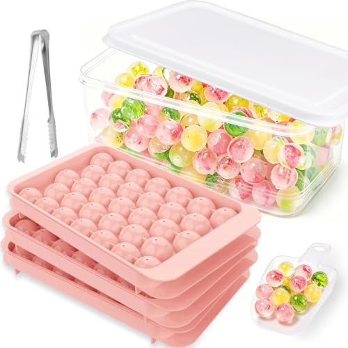 Kühlkumpel Eiswürfel Rund 3er Kühlbehälter Set 99 Eisblock Eiswürfelform Kugel Klein Eiswürfelbehälter mit Deckel und Behälter Sommer(3 Rosa Eiswürfelschalen & Eisbehälter & Schaufel & Eiszange)