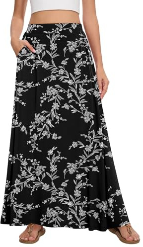 Leafsay Womens Maxi A-line Long Summer Skirt Elastic High Waist Flowy Skirt with Pockets(White Flower Black,2XL)