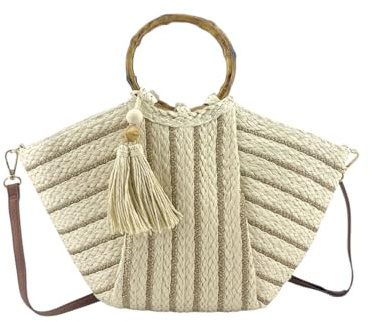 MODELISA - Bolso Capazo De Hombro Y Mano Rafia Paja Playa Borla Decorativa Correa Ajustable Mujer (Beige)