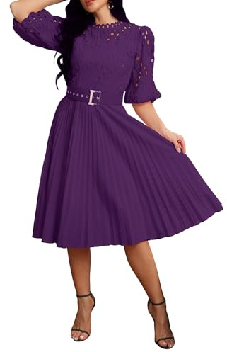 IWFEV Spitzenkleid mit Falten und Puffärmeln – Midi-Länge, ausgeschnittenes Party-Abendkleid, violett, M