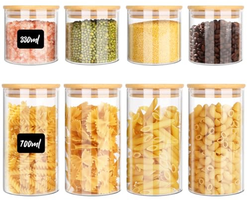 Ezvsevuo Bocaux en Verre Hermétique Lot de 8, 330ml/700ml Pot en Verre avec Couvercle, Bocaux Verre Rangement Cuisine, Bocal en Verre avec Couvercle pour Pâtes, Céréales, Haricots, Cornflakes
